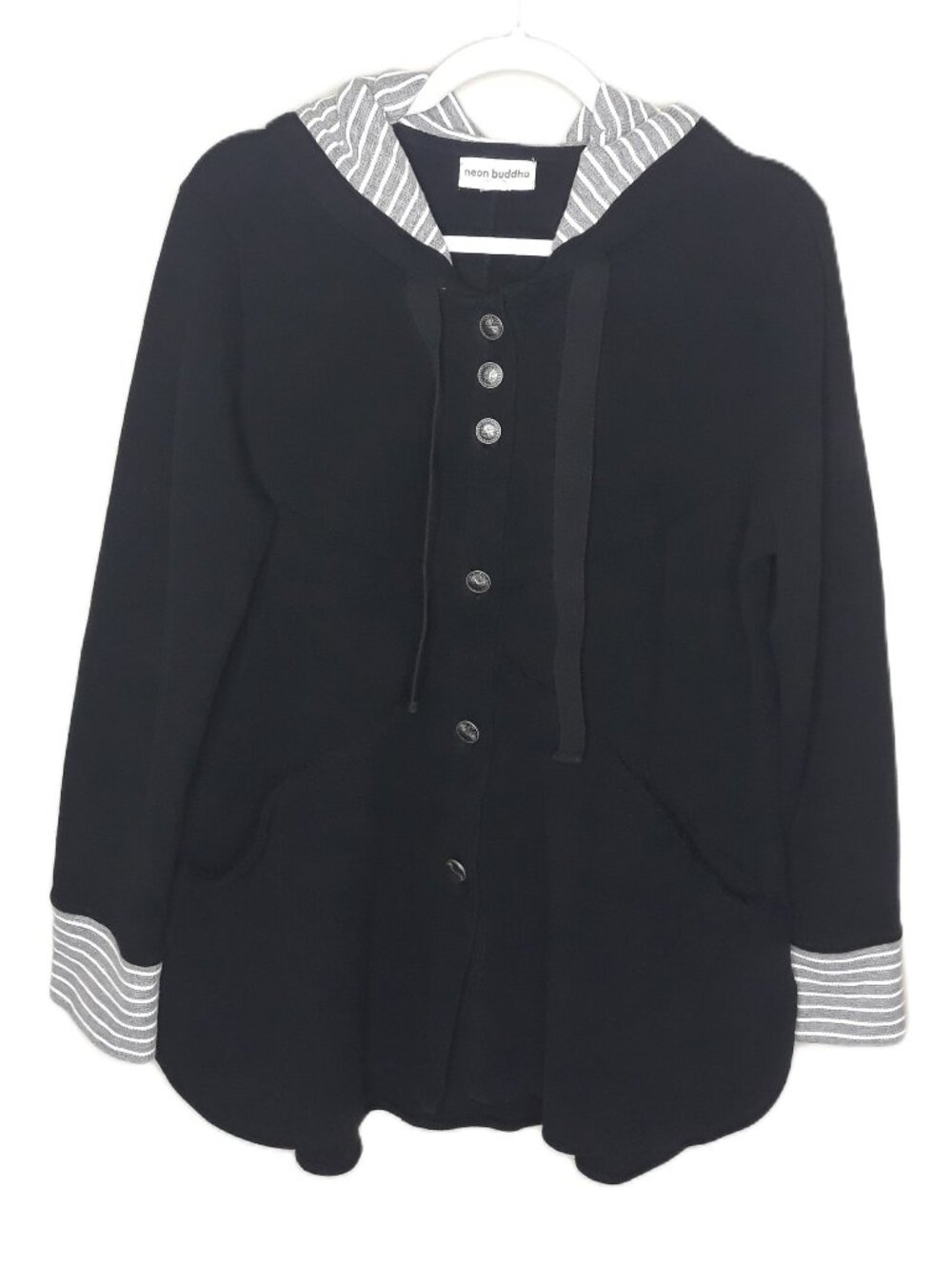 Neon Buddha Black Waffle Knit Button-Up Hooded Jacket Large Lagenlook